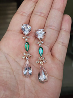18k Rose Gold Rose Cut Diamond Dangle Earrings - Natural Zambian Emerald & Morganite Earrings