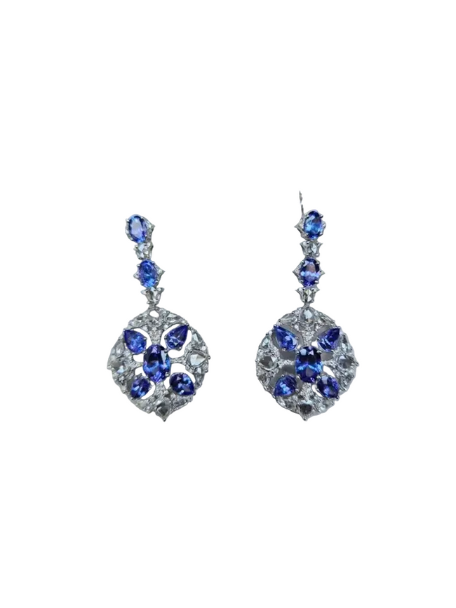18k White Gold Rose Cut Diamond Dangle Earrings - Natural Tanzanite Gemstone Earrings Hover Image