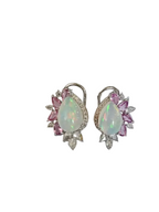 18k White Gold Diamond Stud Earrings - Natural Ethiopian Opal & Pink Sapphire Earrings