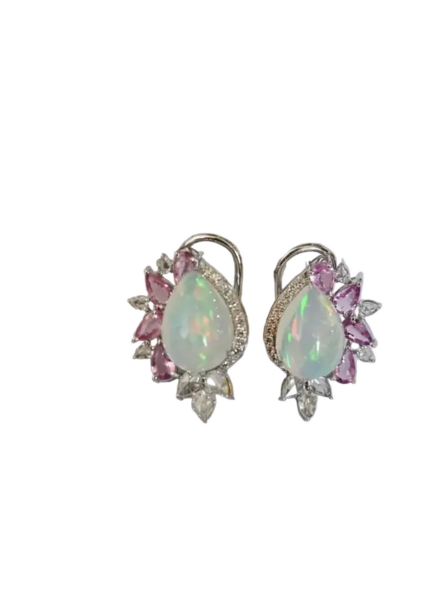 18k White Gold Diamond Stud Earrings - Natural Ethiopian Opal & Pink Sapphire Earrings Hover Image