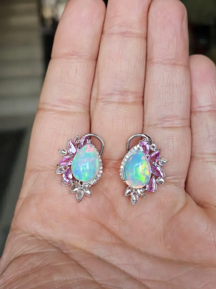 18k White Gold Diamond Stud Earrings - Natural Ethiopian Opal & Pink Sapphire Earrings