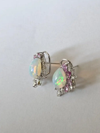 18k White Gold Diamond Stud Earrings - Natural Ethiopian Opal & Pink Sapphire Earrings