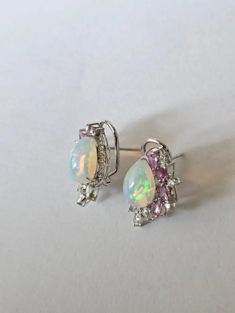 18k White Gold Diamond Stud Earrings - Natural Ethiopian Opal & Pink Sapphire Earrings