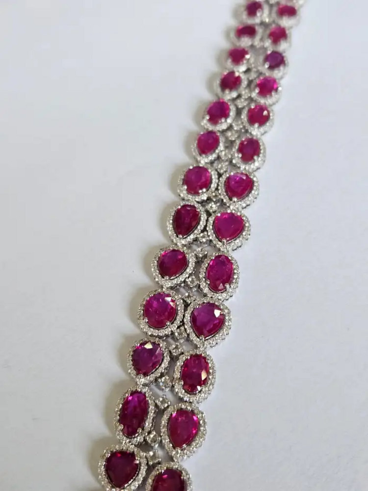 Natural Mozambique Ruby Women Bracelet - 18k White Gold Diamond Handmade Bracelet