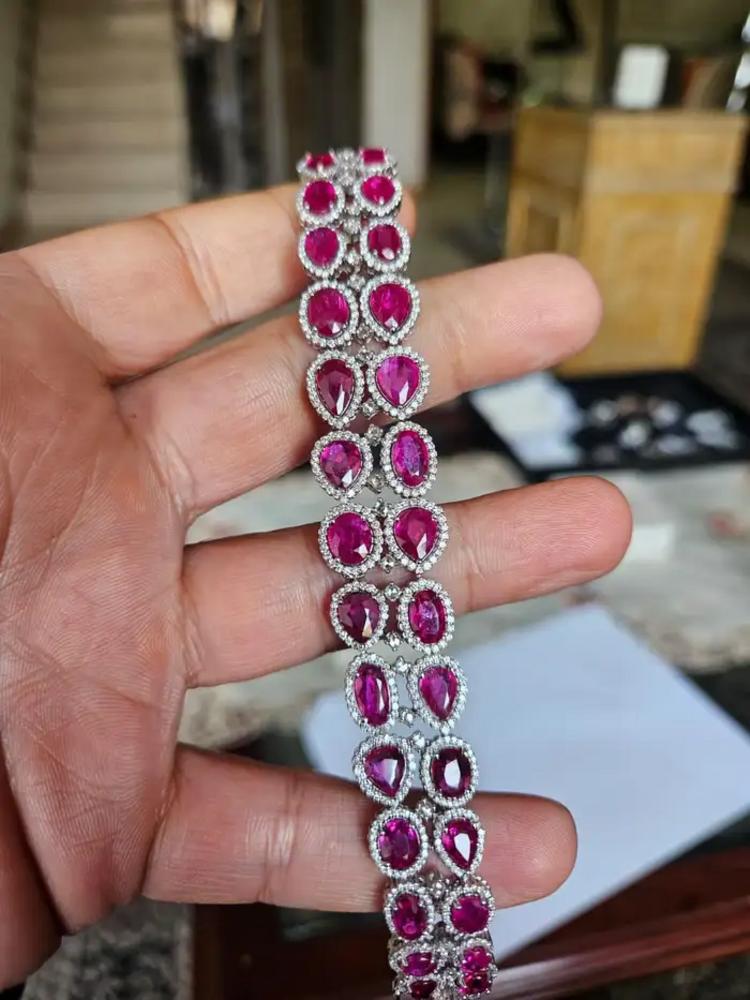 Natural Mozambique Ruby Women Bracelet - 18k White Gold Diamond Handmade Bracelet