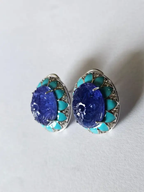 Hand Carved Tanzanite & Turquoise Enamel Stud Earrings - 18k White Gold Diamond Earrings