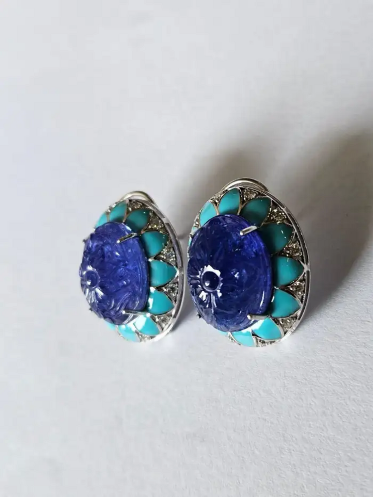 Hand Carved Tanzanite & Turquoise Enamel Stud Earrings - 18k White Gold Diamond Earrings