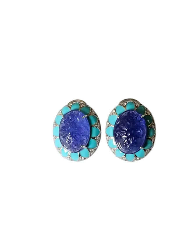 Hand Carved Tanzanite & Turquoise Enamel Stud Earrings - 18k White Gold Diamond Earrings Hover Image