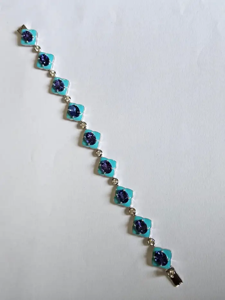 Natural Tanzanite & Turquoise Enamel Bracelet - 18k White Gold Diamond Bracelet