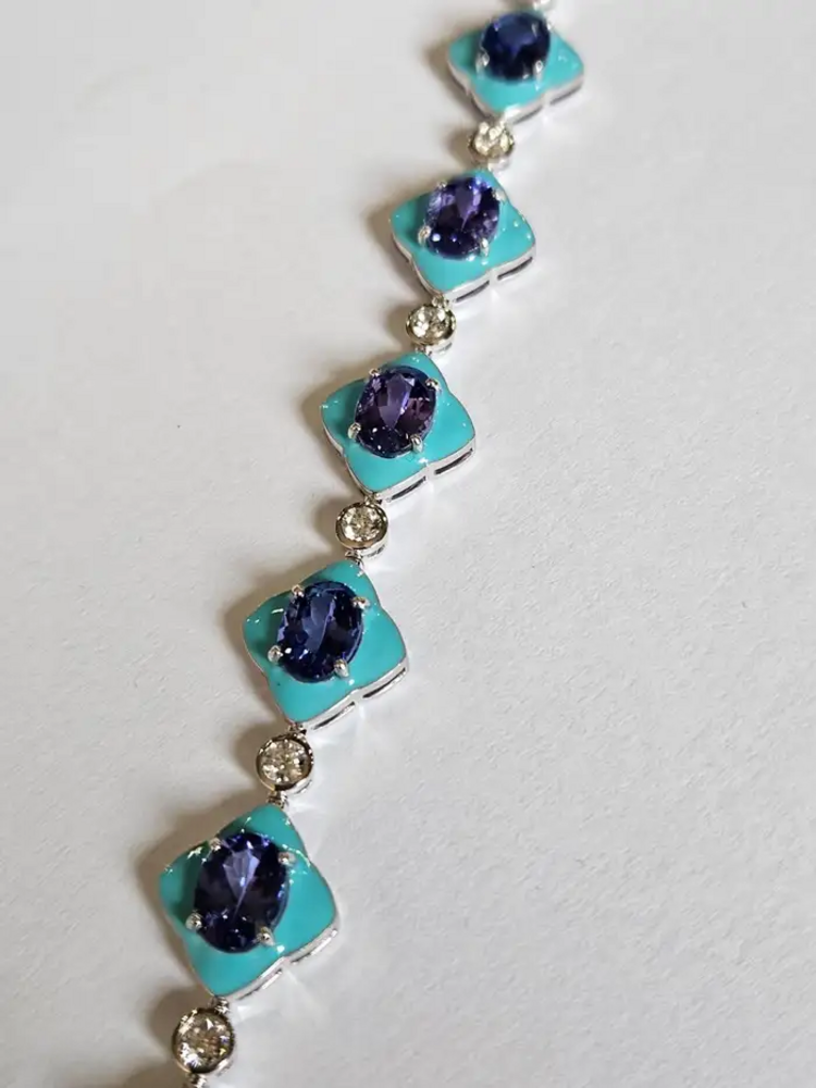 Natural Tanzanite & Turquoise Enamel Bracelet - 18k White Gold Diamond Bracelet