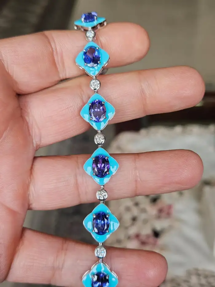 Natural Tanzanite & Turquoise Enamel Bracelet - 18k White Gold Diamond Bracelet