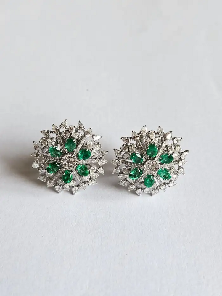 Zambian Emerald Stud Earrings - 18k White Gold Diamond Stud Earrings