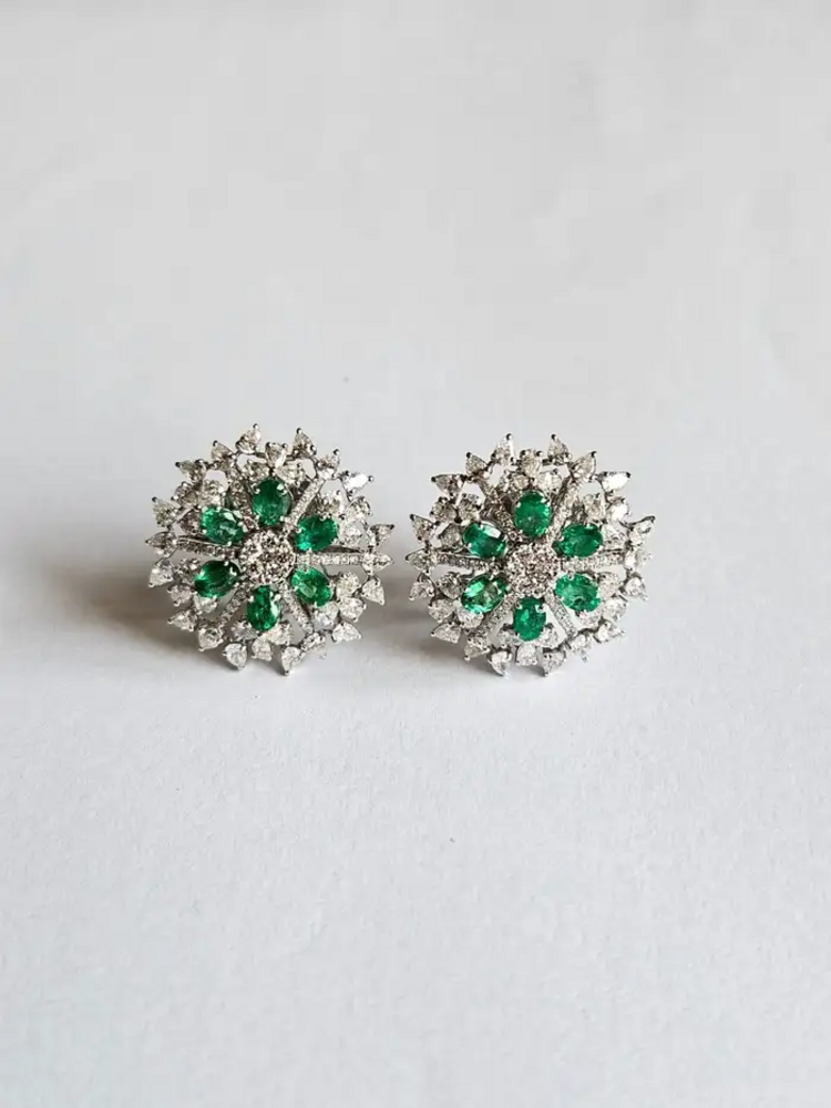 Zambian Emerald Stud Earrings - 18k White Gold Diamond Stud Earrings