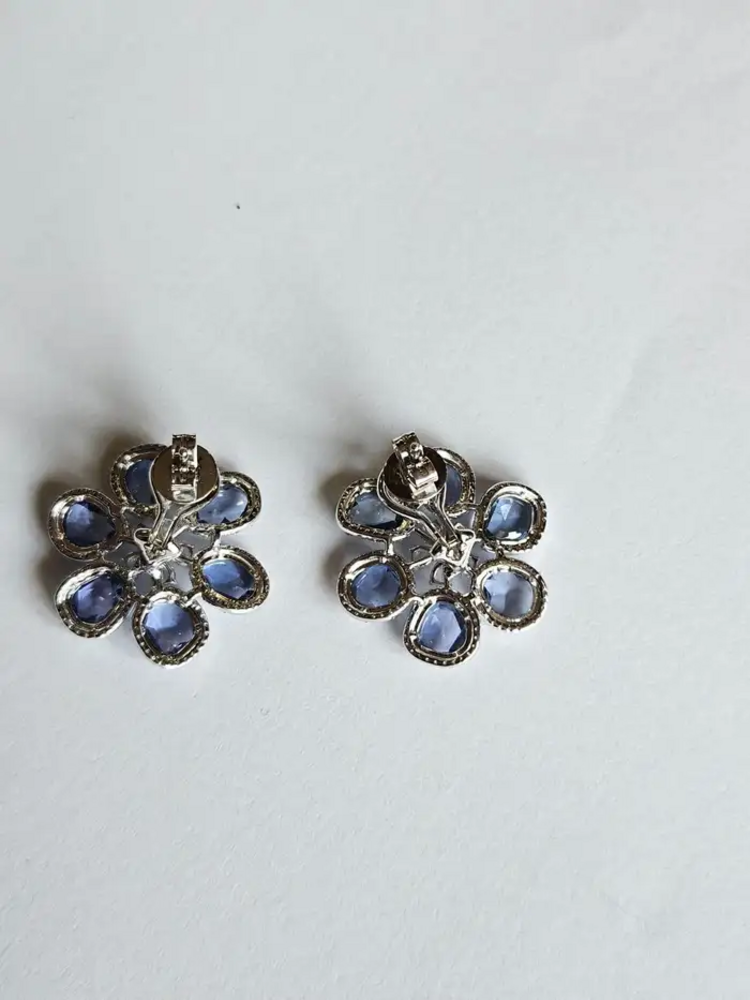 18k White Gold Floral Stud Earrings - Natural Blue Sapphire & Rose Cut Diamond Earrings