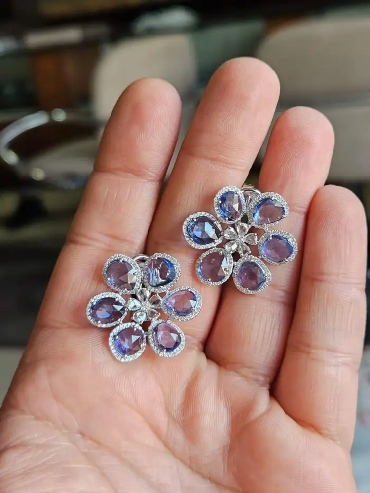 18k White Gold Floral Stud Earrings - Natural Blue Sapphire & Rose Cut Diamond Earrings