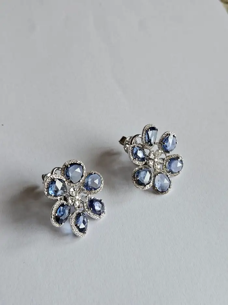 18k White Gold Floral Stud Earrings - Natural Blue Sapphire & Rose Cut Diamond Earrings
