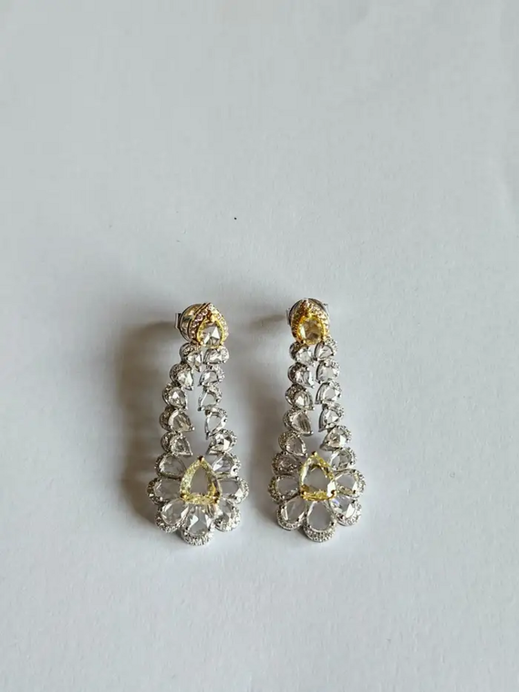 Natural Yellow & White Rose Cut Diamond Dangle Earrings - 18k White Gold Chandelier Earrings