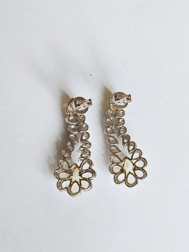 Natural Yellow & White Rose Cut Diamond Dangle Earrings - 18k White Gold Chandelier Earrings