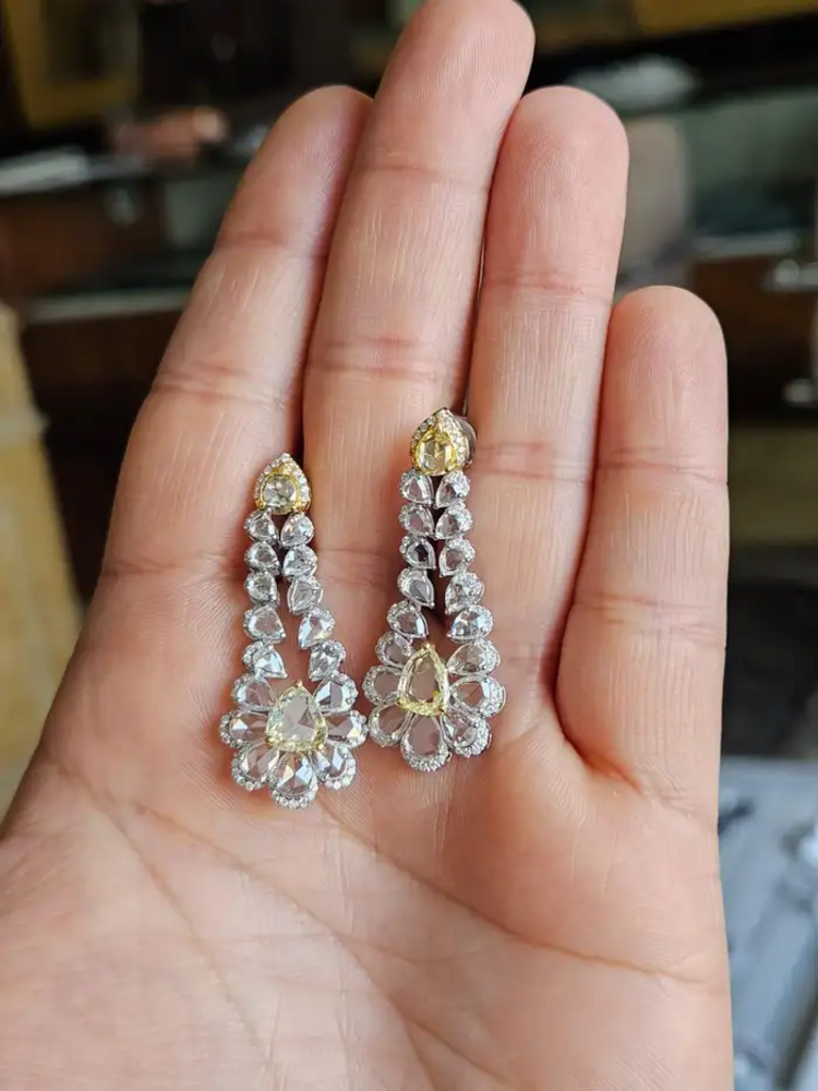 Natural Yellow & White Rose Cut Diamond Dangle Earrings - 18k White Gold Chandelier Earrings