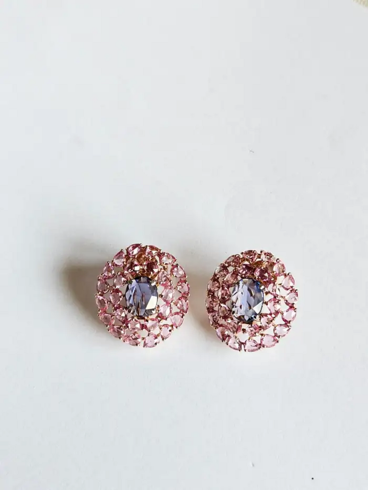 18k Rose Gold Stud Earrings - Natural Pink & Blue Sapphire Gemstone Stud Earrings