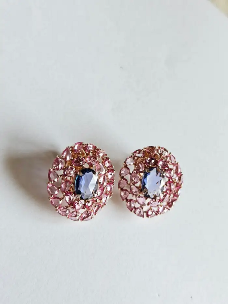 18k Rose Gold Stud Earrings - Natural Pink & Blue Sapphire Gemstone Stud Earrings