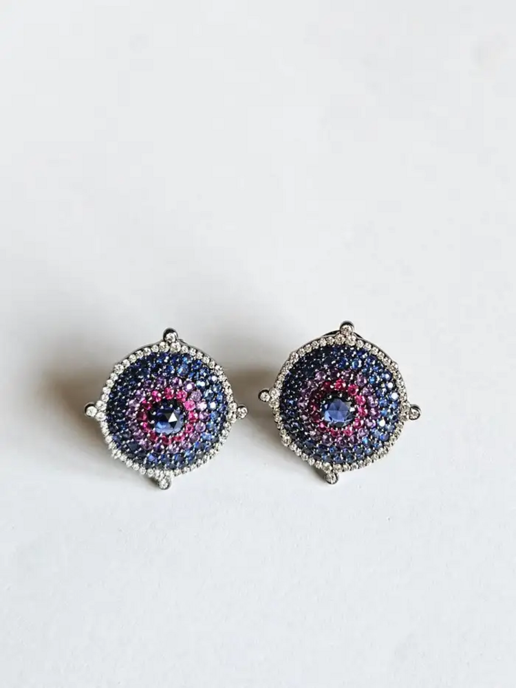 18k Gold Diamond Stud Earrings - Natural Ruby, Amethyst & Blue Sapphire Stud Earrings