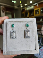 Natural Zambian Emerald & Diamond Dangle Earrings - 18k White Gold Handmade Earrings