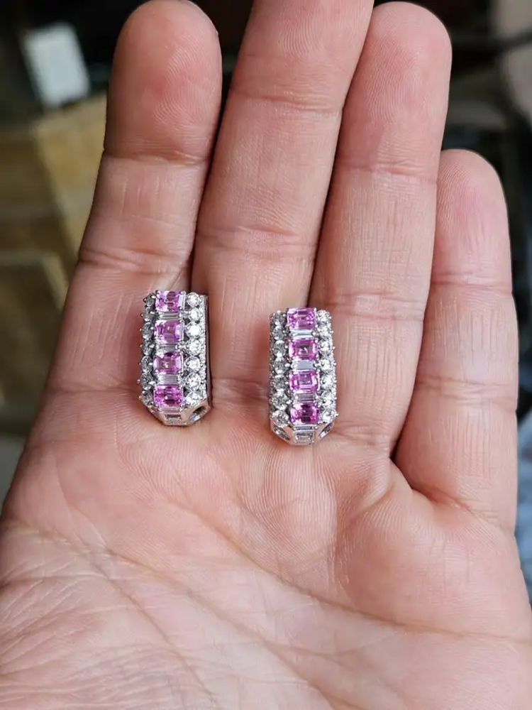 18k White Gold Diamond Hoop Earrings - Natural Pink Sapphire Huggie Hoop Earring