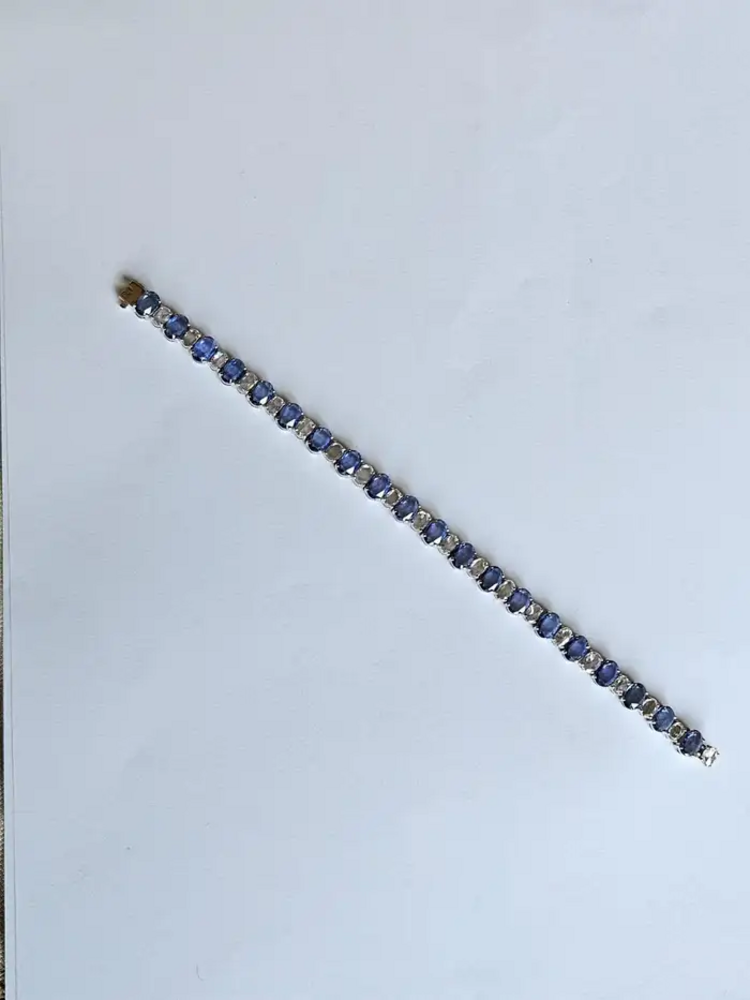 Natural Blue Sapphire & Rose Cut Diamond Bracelet - 18k White Gold Handmade Tennis Bracelet