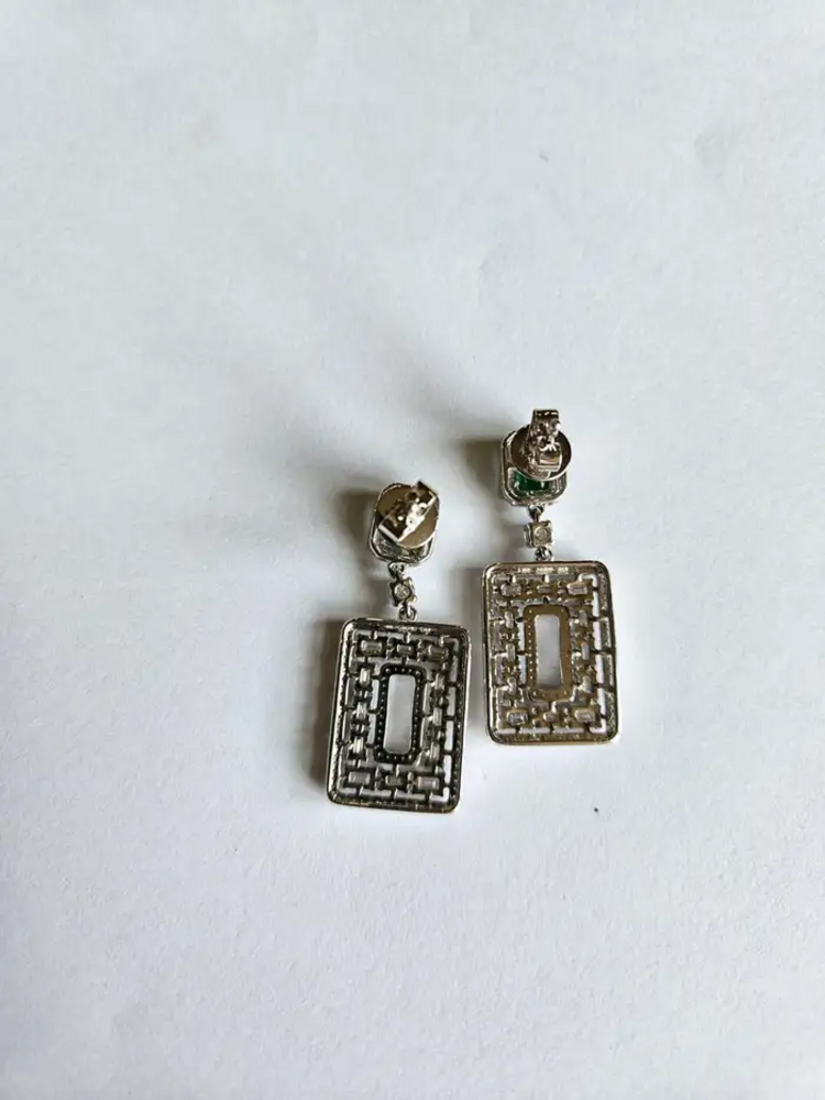 Natural Zambian Emerald & Diamond Dangle Earrings - 18k White Gold Handmade Earrings
