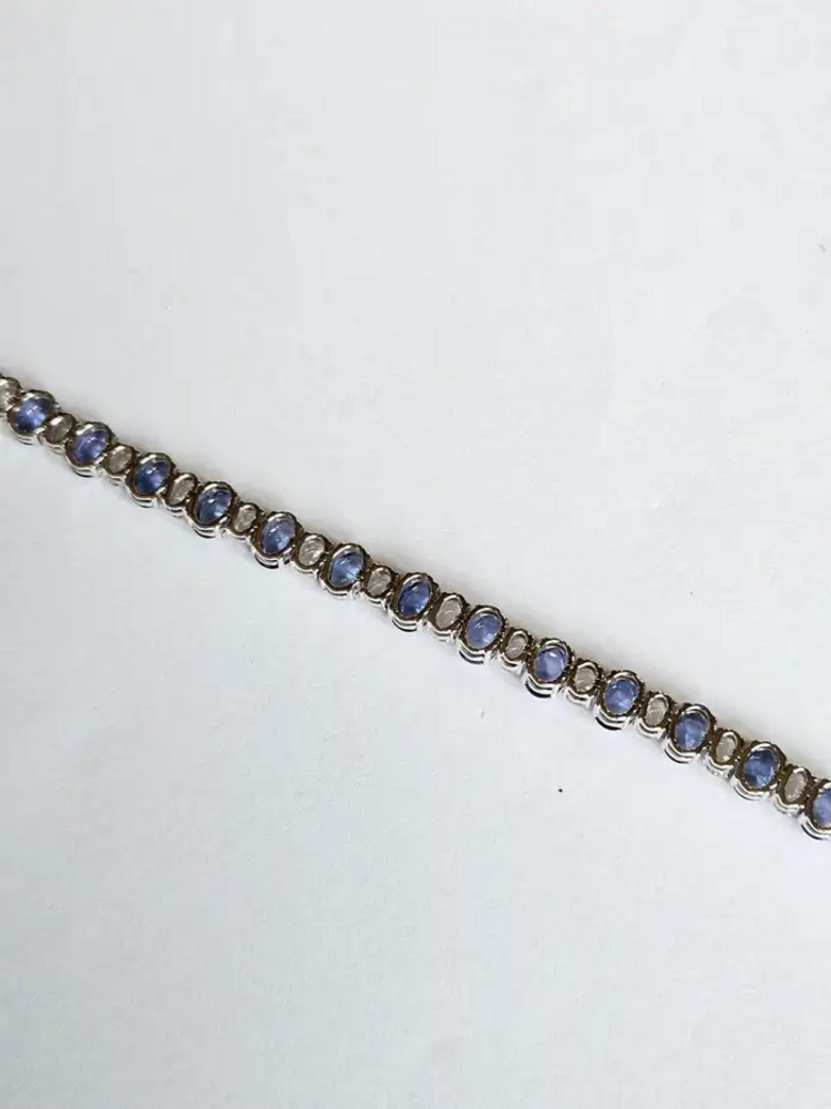 Natural Blue Sapphire & Rose Cut Diamond Bracelet - 18k White Gold Handmade Tennis Bracelet