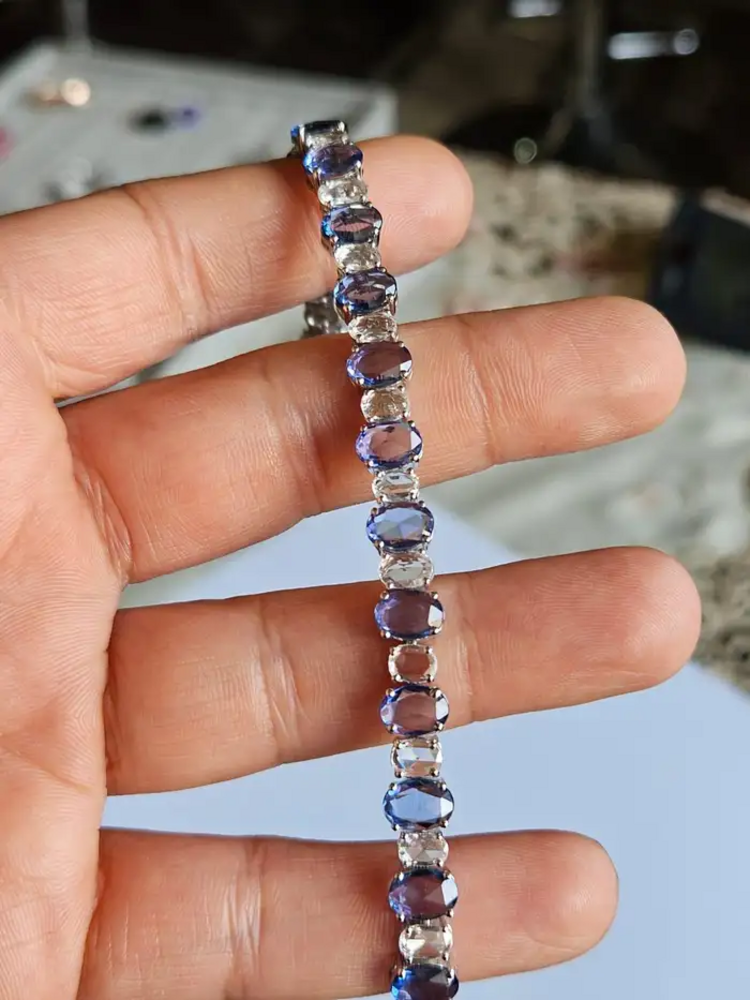 Natural Blue Sapphire & Rose Cut Diamond Bracelet - 18k White Gold Handmade Tennis Bracelet