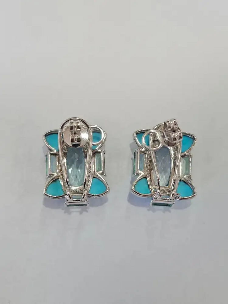 18k White Gold Diamond Stud Earrings - Natural Aquamarine, Turquoise & Emerald Gemstone Stud Earrings
