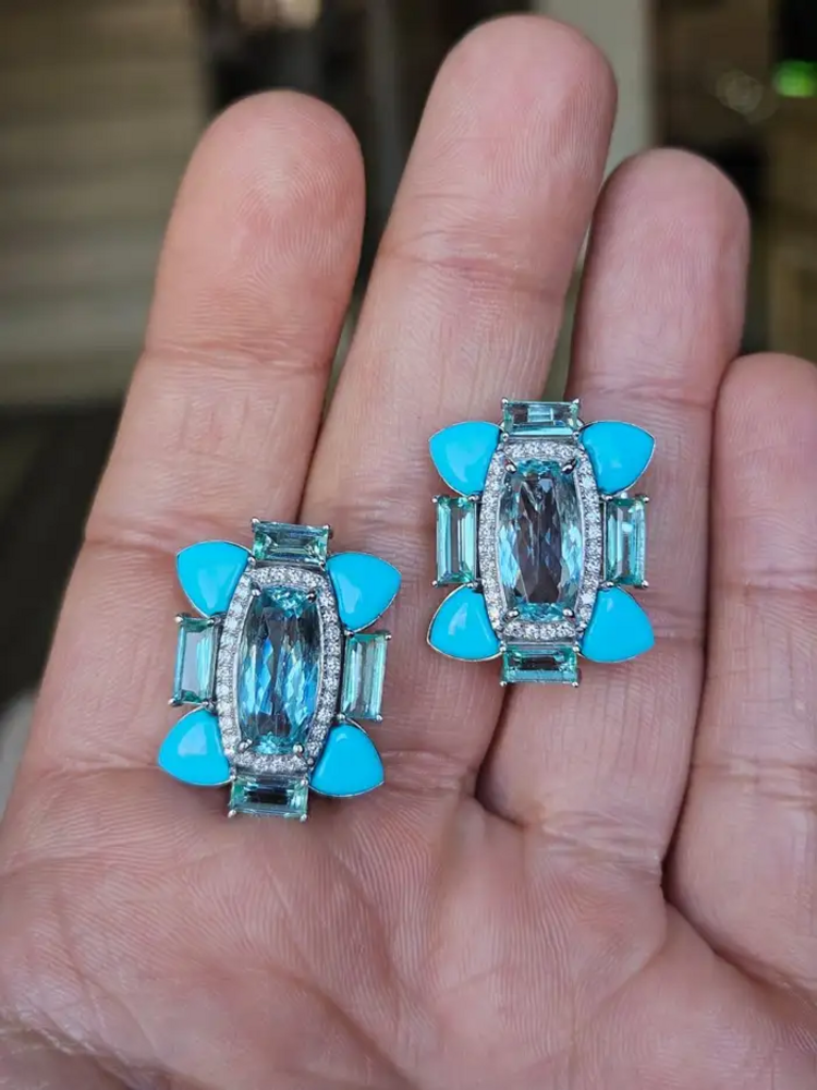 18k White Gold Diamond Stud Earrings - Natural Aquamarine, Turquoise & Emerald Gemstone Stud Earrings