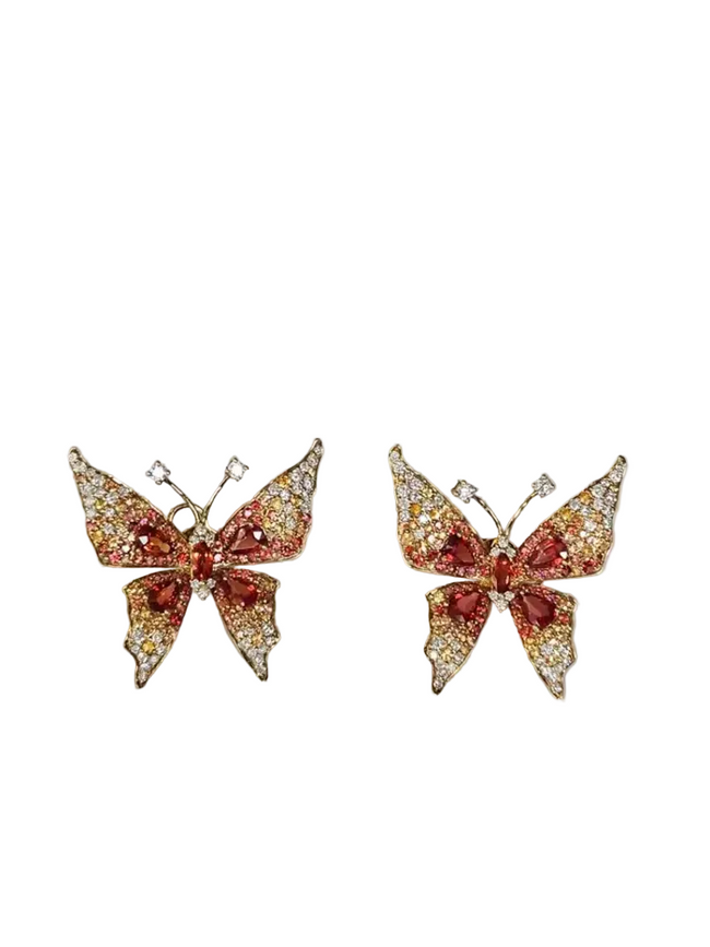 18k Yellow Gold Diamond Butterfly Stud Earrings - Natural Orange & Yellow Sapphire Earrings Hover Image