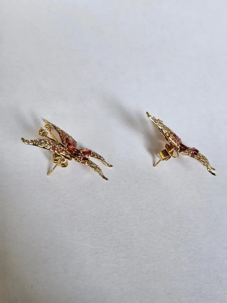 18k Yellow Gold Diamond Butterfly Stud Earrings - Natural Orange & Yellow Sapphire Earrings