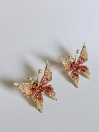 18k Yellow Gold Diamond Butterfly Stud Earrings - Natural Orange & Yellow Sapphire Earrings