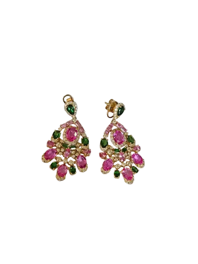 Natural Pink Sapphire & Tsavorite Dangle Earrings - 18k Yellow Gold Diamond Earrings Hover Image