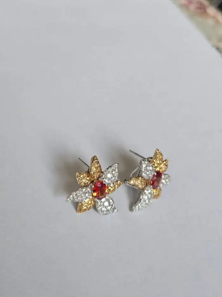 Orange & Yellow Sapphire Gemstone Stud Earrings - 18k White Gold Diamond Floral Stud Earrings