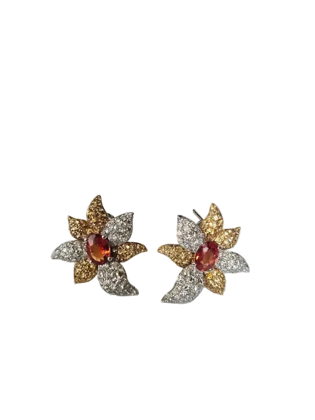 Orange & Yellow Sapphire Gemstone Stud Earrings - 18k White Gold Diamond Floral Stud Earrings Hover Image