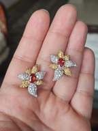 Orange & Yellow Sapphire Gemstone Stud Earrings - 18k White Gold Diamond Floral Stud Earrings