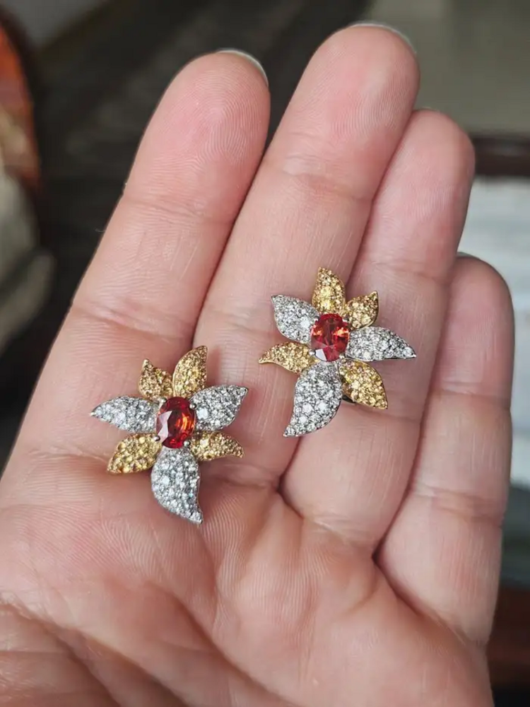 Orange & Yellow Sapphire Gemstone Stud Earrings - 18k White Gold Diamond Floral Stud Earrings