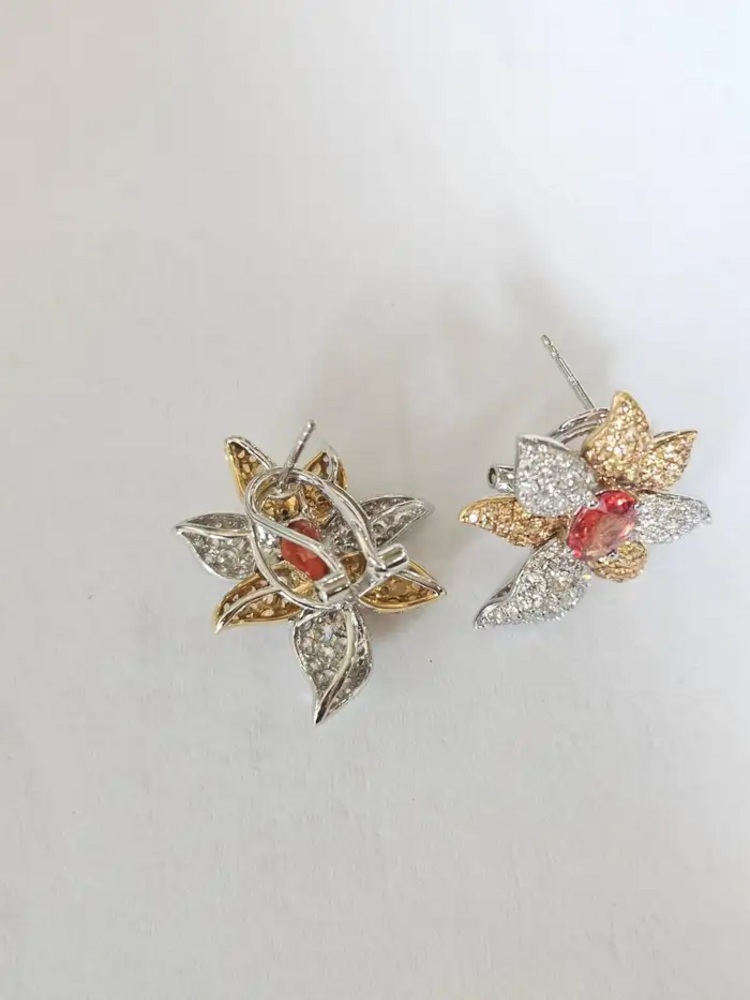 Orange & Yellow Sapphire Gemstone Stud Earrings - 18k White Gold Diamond Floral Stud Earrings