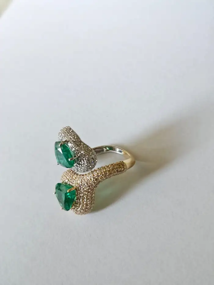 Natural Zambian Emerald Two Tone Gold Ring - 18k Gold Diamond Wedding Ring