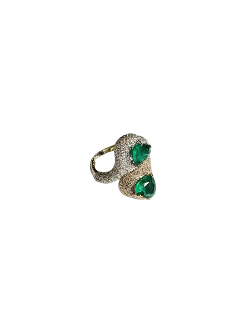 Natural Zambian Emerald Two Tone Gold Ring - 18k Gold Diamond Wedding Ring