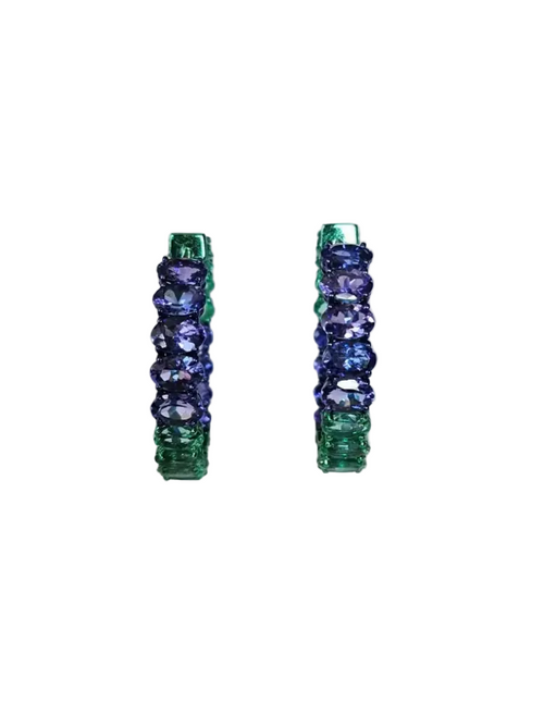 Natural Emerald & Tanzanite Gemstone Hoop Earrings - 18k Gold Hoop Earrings