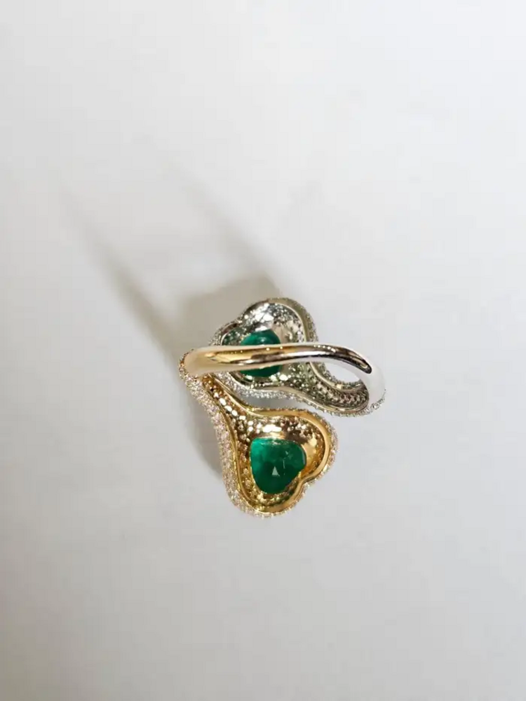 Natural Zambian Emerald Two Tone Gold Ring - 18k Gold Diamond Wedding Ring