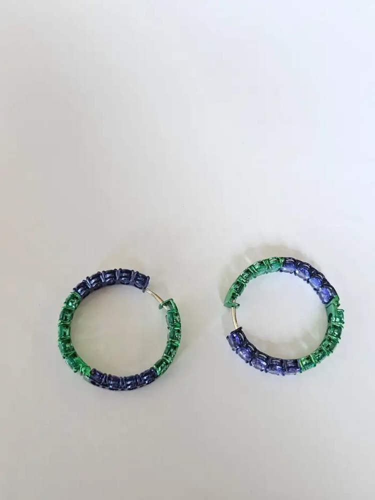 Natural Emerald & Tanzanite Gemstone Hoop Earrings - 18k Gold Hoop Earrings