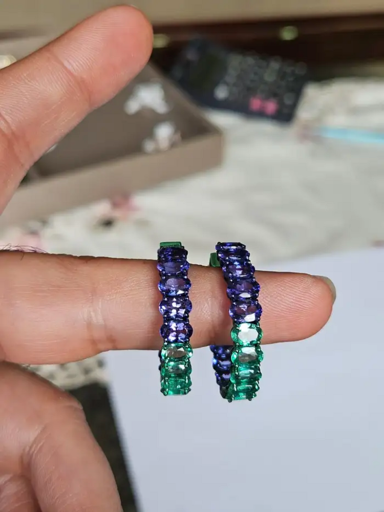 Natural Emerald & Tanzanite Gemstone Hoop Earrings - 18k Gold Hoop Earrings
