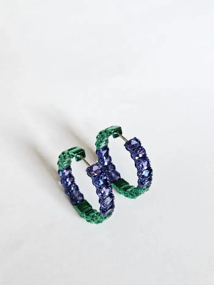 Natural Emerald & Tanzanite Gemstone Hoop Earrings - 18k Gold Hoop Earrings